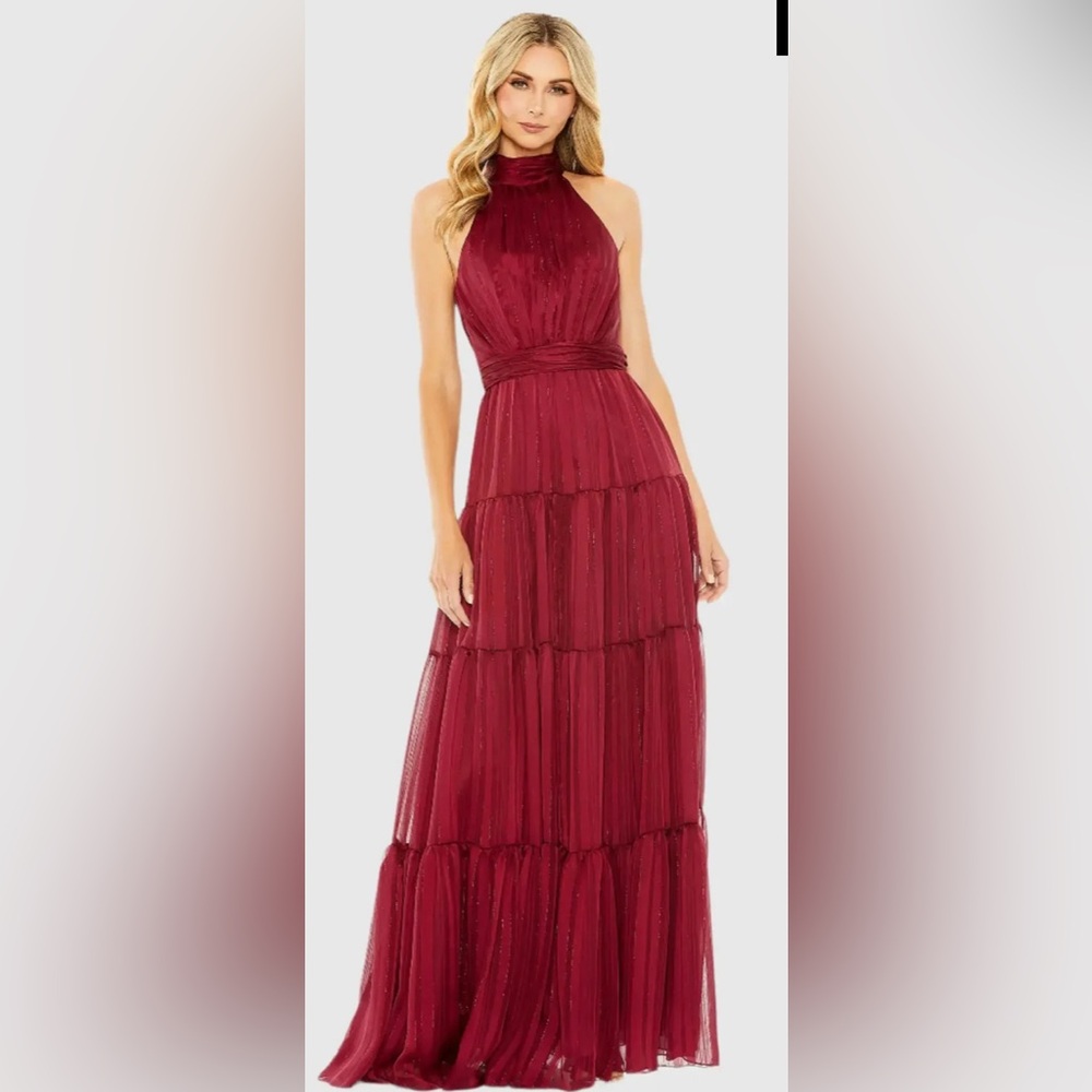 Mac Duggal Burgundy Tie Halter Neck Maxi Dress / Gown